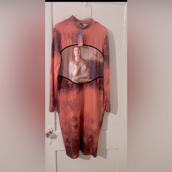 SHEIN SXY Tie Dye Figure Graphic Contrast Binding Mock Neck Bodycon Dress - Picture 2 of 3